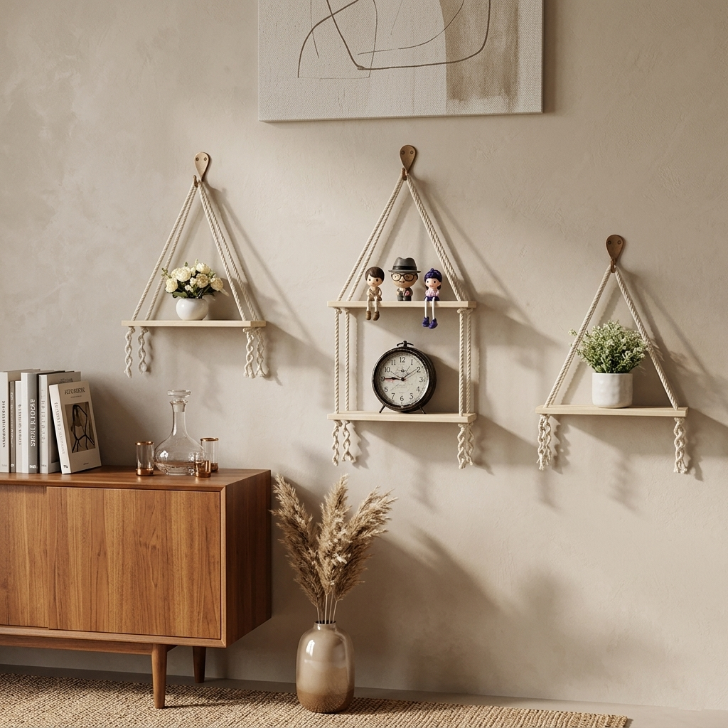 Combo 3 Kệ Gỗ Treo Tường Decor Phòng Ngủ Xuyên Mộc Kệ Gỗ Dây Thừng Trang Trí Phòng Khách Phong Cách Vintage