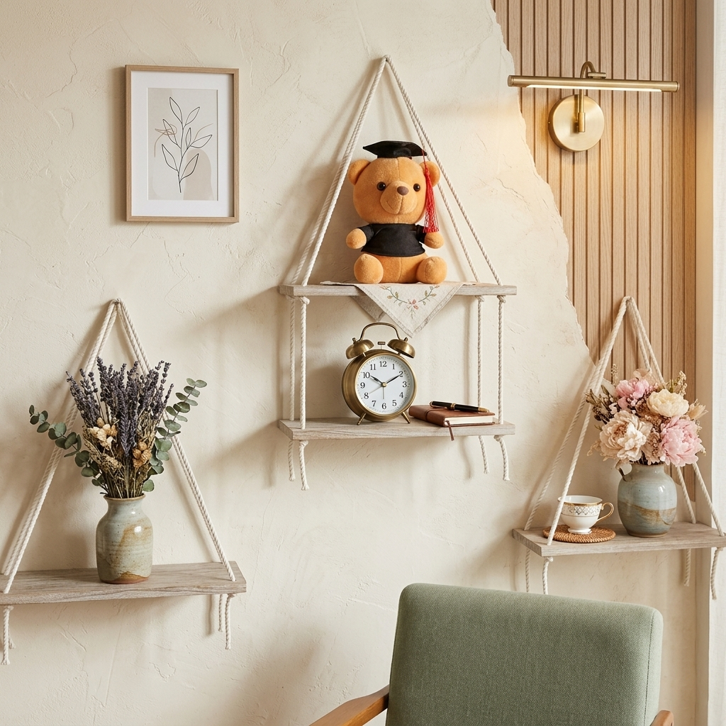 Combo 3 Kệ Gỗ Treo Tường Decor Phòng Ngủ Xuyên Mộc Kệ Gỗ Dây Thừng Trang Trí Phòng Khách Phong Cách Vintage