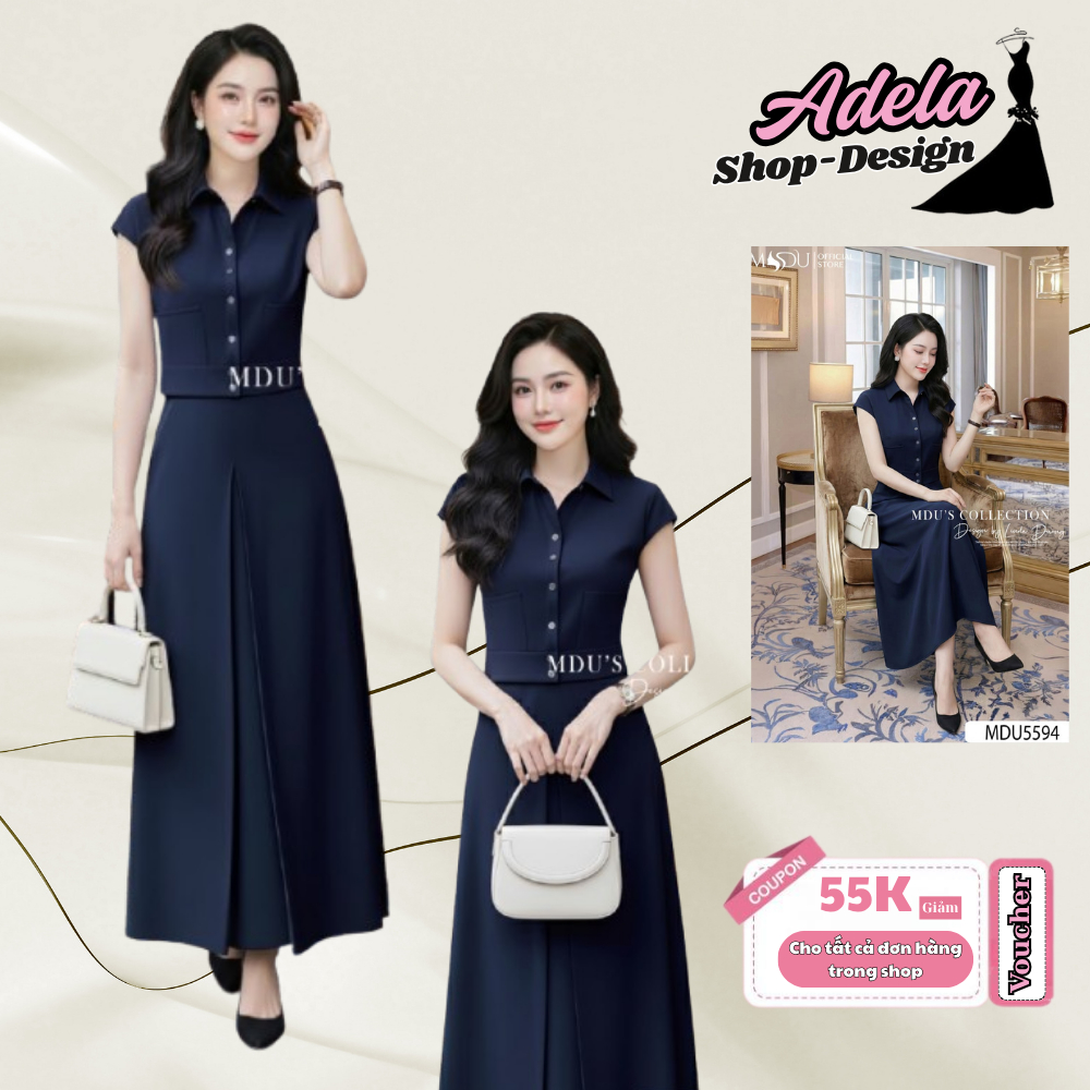 Váy Công Sở ADELA DESIGN Chéo Ý Xanh Than Dáng Xòe Ly Bản To Thanh Lịch Sang Trọng MDU5594