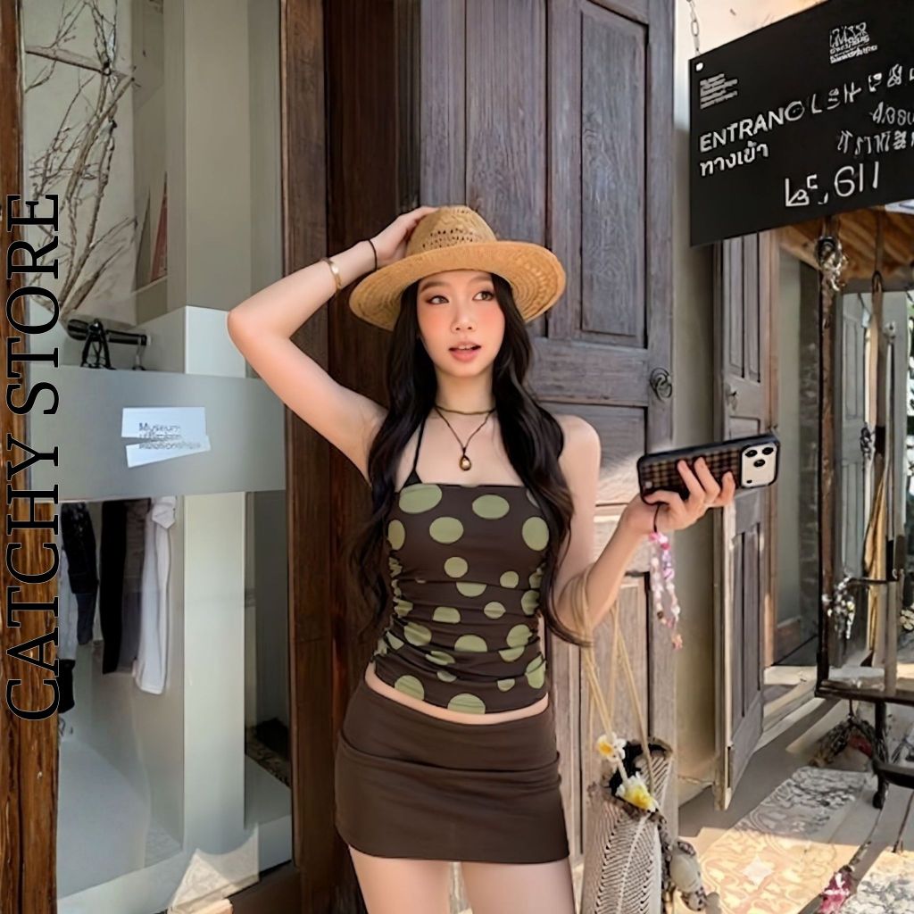 Set 3 Món Áo Ống Lưới Nhún Eo Chấm Bi Kèm Bra Có Mút Chân Váy Ngắn Cạp Trễ Y2K Đi Chơi Đi Biển CATCHYstore