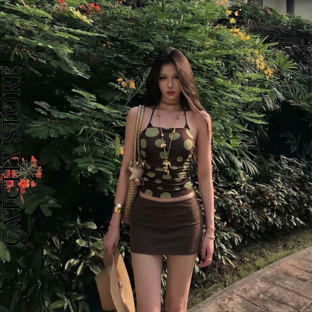 Set 3 Món Áo Ống Lưới Nhún Eo Chấm Bi Kèm Bra Có Mút Chân Váy Ngắn Cạp Trễ Y2K Đi Chơi Đi Biển CATCHYstore