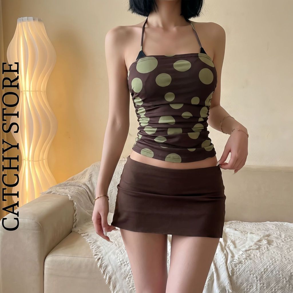 Set 3 Món Áo Ống Lưới Nhún Eo Chấm Bi Kèm Bra Có Mút Chân Váy Ngắn Cạp Trễ Y2K Đi Chơi Đi Biển CATCHYstore