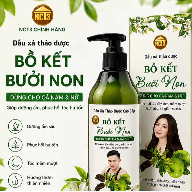 Dầu Xả Thảo Dược Bồ Kết Bưởi Non NCT3 300ml Giúp Tóc Mềm Mượt Cho Nam Và Nữ