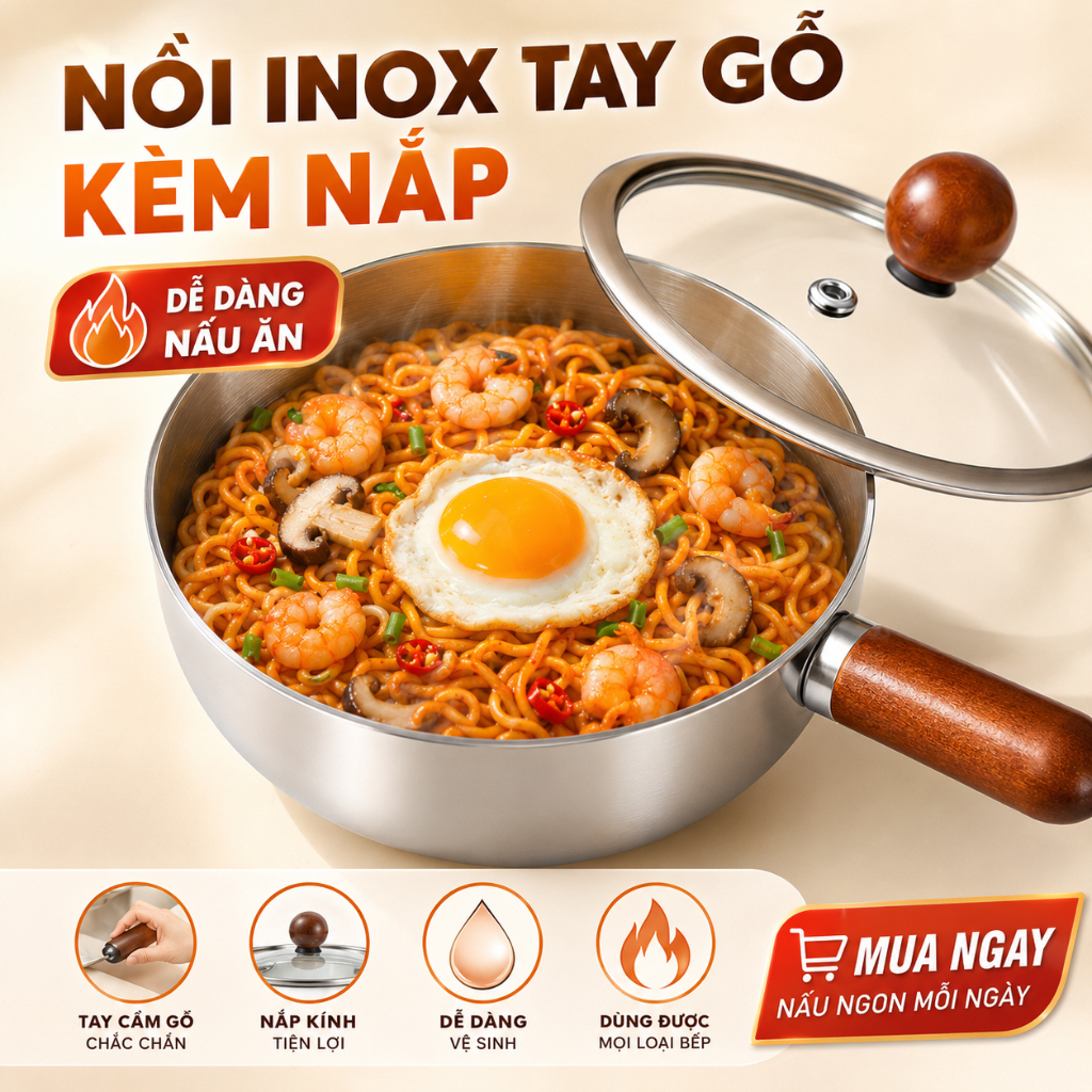 Bát/tô inox kiểu Nhật nồi inox 17cm có tay cầm bằng gỗ và nắp đậy dùng để nấu mì hâm nóng sữa phù hợp cho bếp gas và bếp