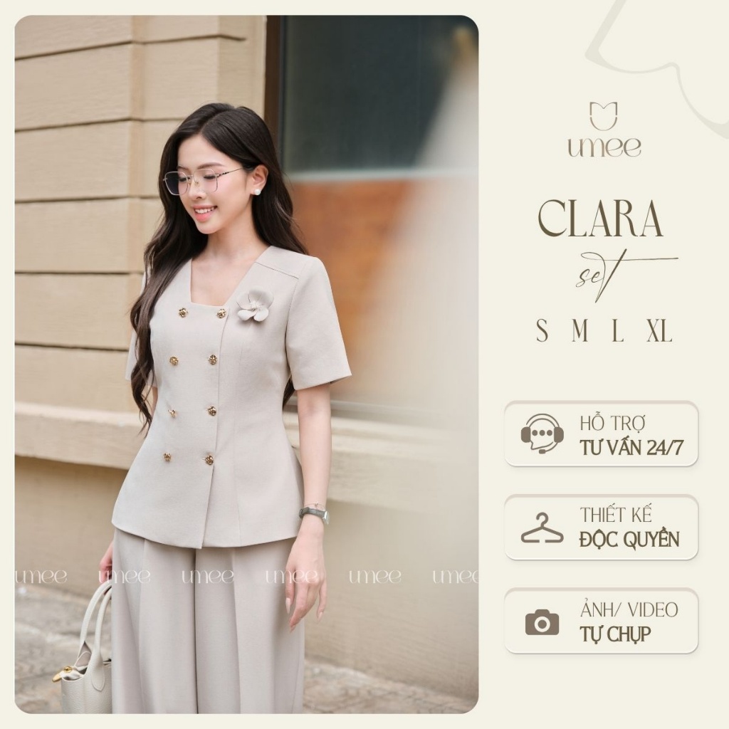 Umee Design - Set Thiết Kế Trẻ Trung Áo Cổ Vuông 8 Cúc Phối Quần Dài Ống Rộng "Clara Set"