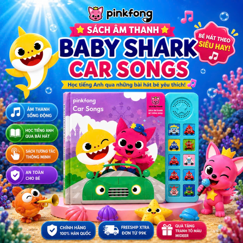Baby Shark Car Songs Pinkfong Sách Âm Nhạc có Âm Thanh Tiếng Anh Chính Hãng Học Mà Chơi Cho Bé