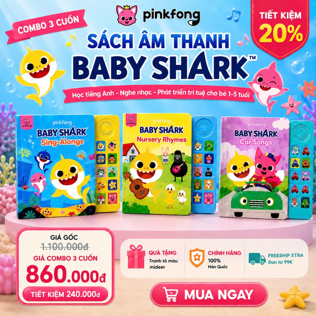 [ COMBO 3 CUỐN ] Sách nhạc thiếu nhi cho bé Baby Shark Pinkfong quà tặng cho bé 1 2 3 4 5 tuổi