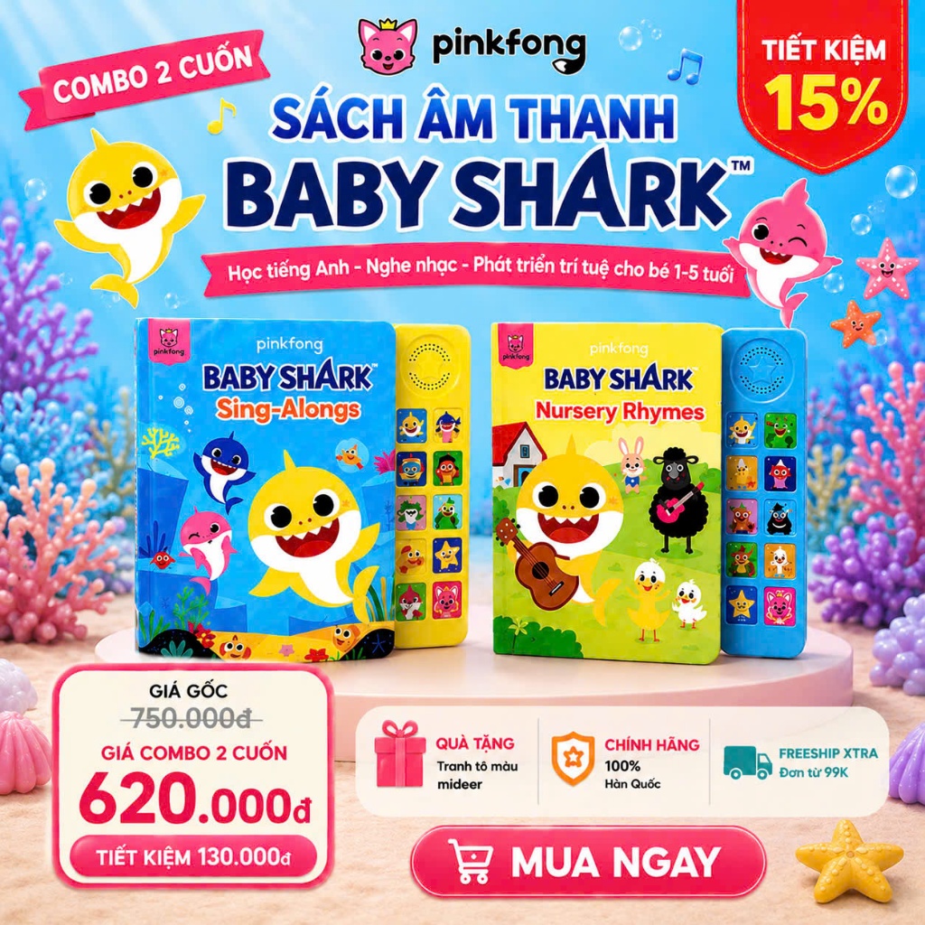 [ COMBO 2 CUỐN ] Sách âm nhạc cho bé Baby shark Pìnkfong, đồ chơi âm thanh cho bé 1 2 3 4 5 tuổi