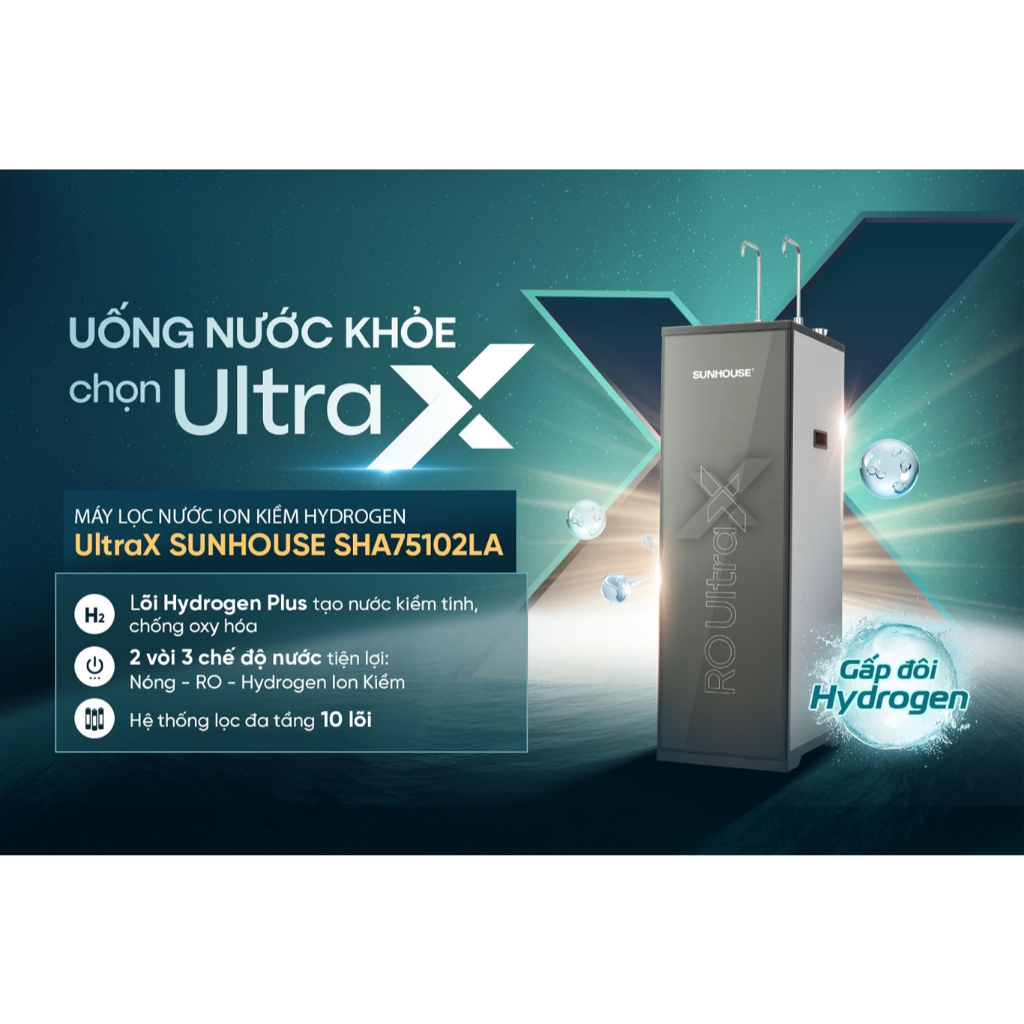 [Chính Hãng Mới100%] Máy Lọc Nước Nóng Nguội SUNHOUSE ION KIỀM HYDROGEN UltraX SHA75102LA BH 24Tháng