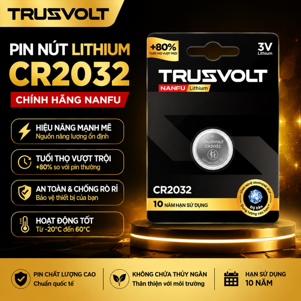 NANFU Trusvolt Pin CR2032 3V Chinh Hang – Cong Nghe Graphene 260mAh, HSD 10 Nam, IATF 16949, Cho Xia Khoa Thong Minh