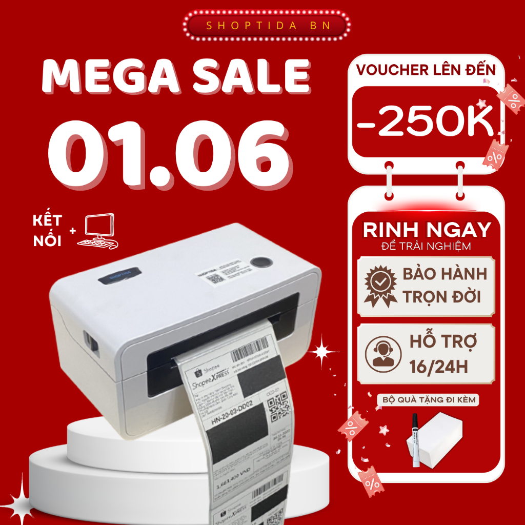 Máy in đơn hàng Shoptida SP46 in đơn hàng khổ a6, a7, phiếu gửi, minicode, logo tự dán, bảo hành 12 tháng