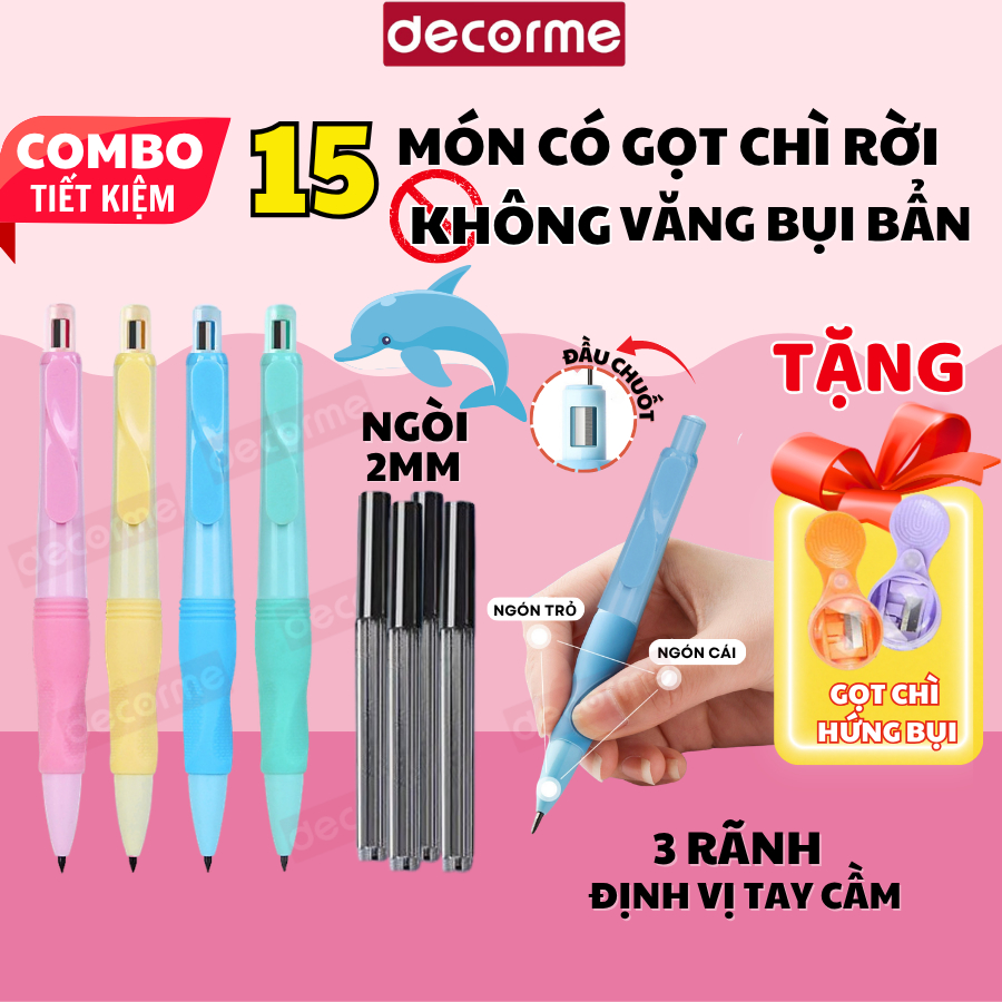 [COMBO 15 MÓN] Bút chì cá heo tập viết bút chì bấm 2B ngòi 2.0mm DecorMe kèm tẩy, ngòi, gọt (chọn đúng phân loại có quà)