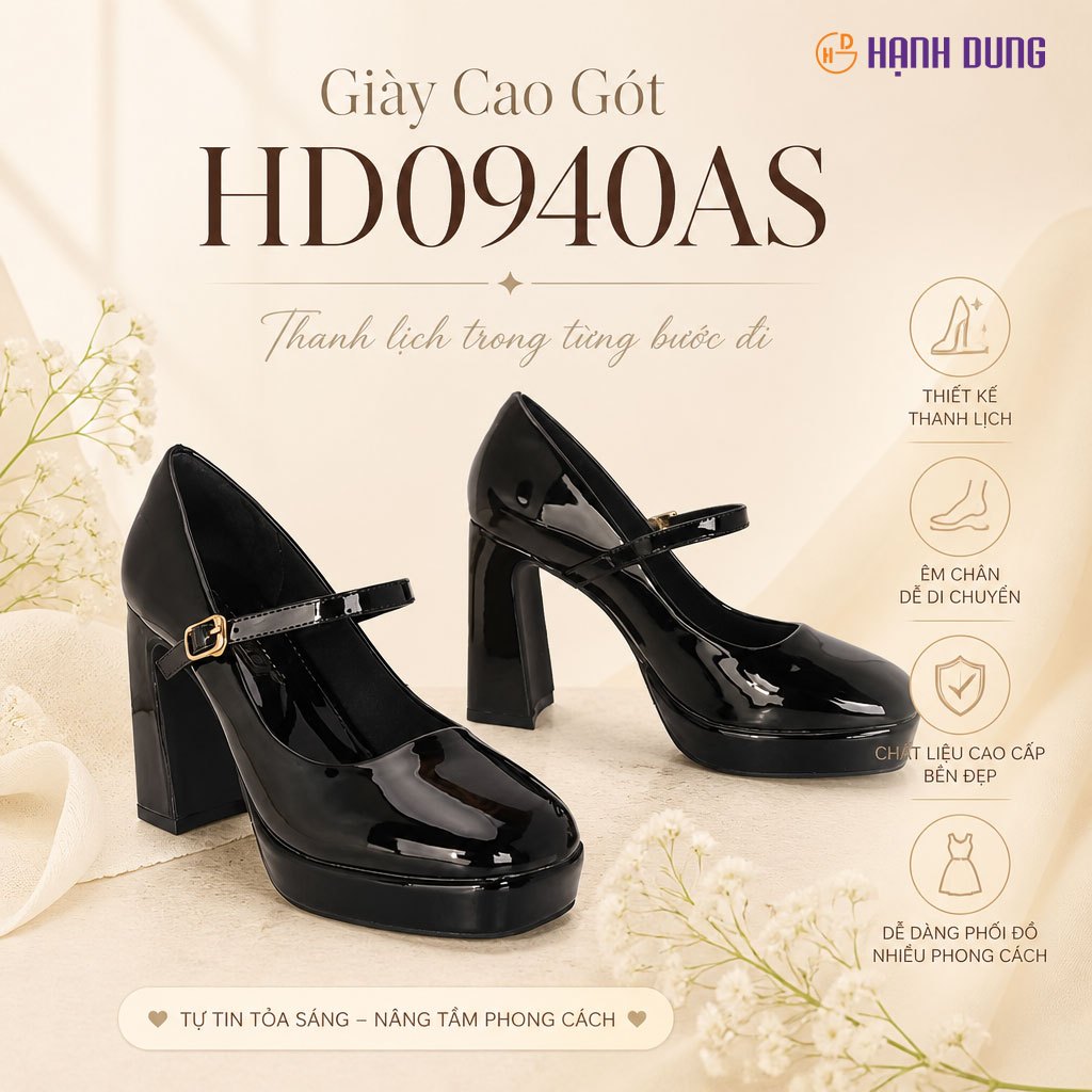 Giày Cao Gót Hạnh Dung Da Bóng Mũi Vuông HD0940AS