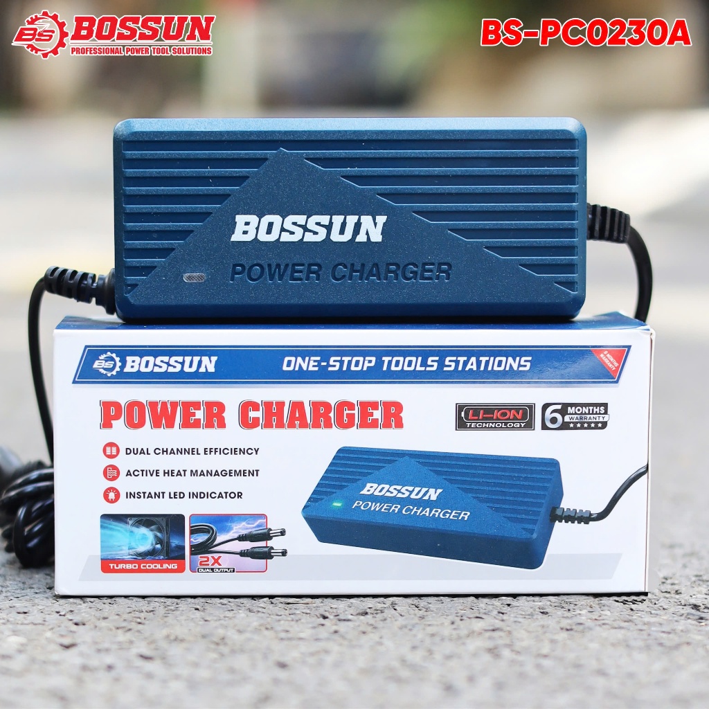 Bộ Sạc Kép BOSSUN BS-PC0230A 21V 3A – Sạc Nhanh 2 Pin Cùng Lúc, Tích Hợp Quạt Làm Mát, Dùng Cho Pin Máy Khoan & Máy Bulo