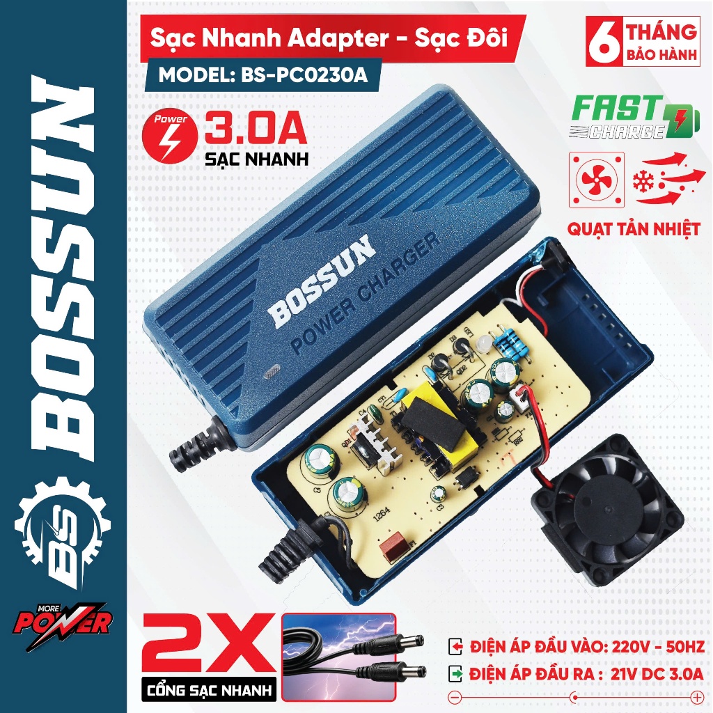 Bộ Sạc Kép BOSSUN BS-PC0230A 21V 3A – Sạc Nhanh 2 Pin Cùng Lúc, Tích Hợp Quạt Làm Mát, Dùng Cho Pin Máy Khoan & Máy Bulo