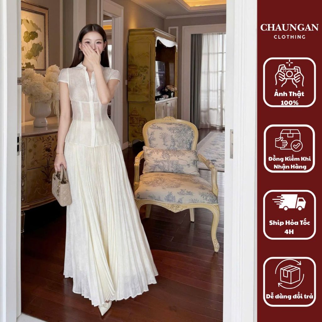 Đầm Maxi Cổ Sơ Mi Dáng Dài Phối Chân Váy Dập Ly - Váy Trắng Tiểu THƯ