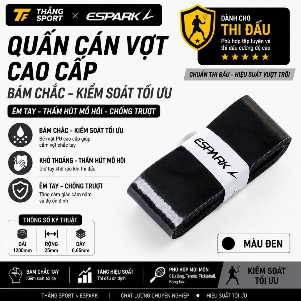 Mua 4 tặng 1 - Mua 8 tặng 2 Quấn Cán Vợt ESPARK PU Cao Cấp Nội Địa Trung  VĐV Chuyên Dùng ,Pickleball  Cầu Lông Tennis