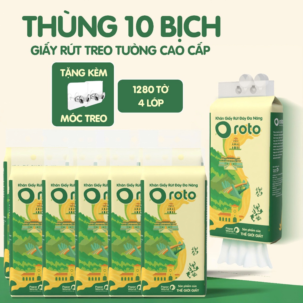 Combo 10 Khăn giấy rút ROTO siêu dai, mềm mịn, thấm hút tốt, treo tường tiện lợi, an toàn cho em bé.