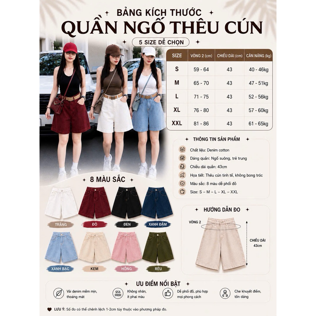 (S-2Xl)HHCHOU-Quần Ngố Thêu Cún Full màu chất jeans mềm H18