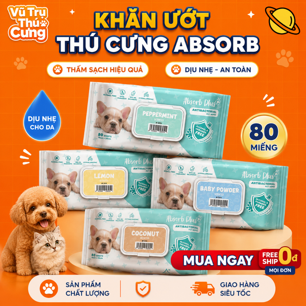Khăn Giấy Ướt Kháng Khuẩn Vệ Sinh Cho Chó Absorb 80 Miếng