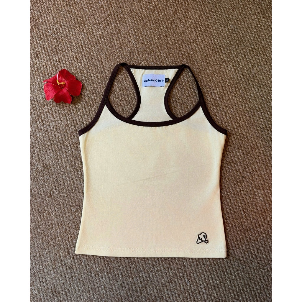 Calem.Club - Áo 2 dây nữ Kem Tan Tan phối viền, dây mảnh form ôm vải cotton co giãn thêu que kem basic phù hợp mùa hè