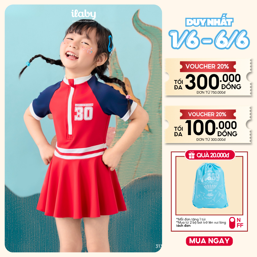 [ILABY 9-38kg] Váy bơi bé gái thiết kế áo cộc tay liền chân váy có lót quần chất liệu thun lạnh [3135]