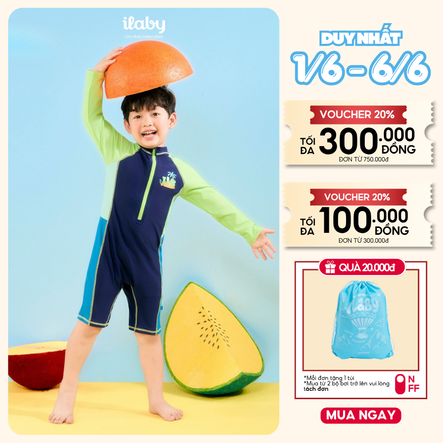[ILABY 10-43kg] Đồ bơi bé trai, đồ bơi liền dài tay thun lạnh chống nước, chồng nắng [4010]