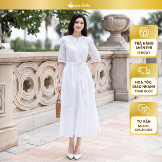 SWANLAKE | Váy Đầm Nữ Maxi Suông Cổ Trụ Cài Nút Cotton Phối Ren Dây Thắt Eo Tay Lỡ Công Sở D12821