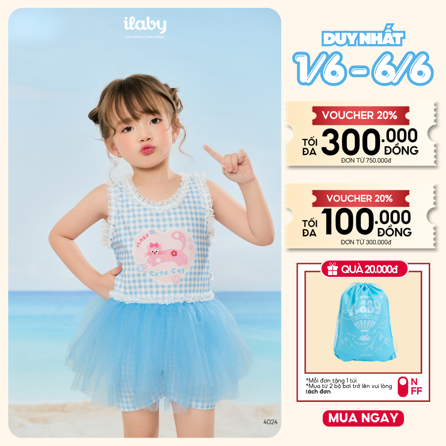 [ILABY 10-43kg] Đồ bơi bé gái, bikini liền thân chân váy voan xòe họa tiết mèo cute [4024]