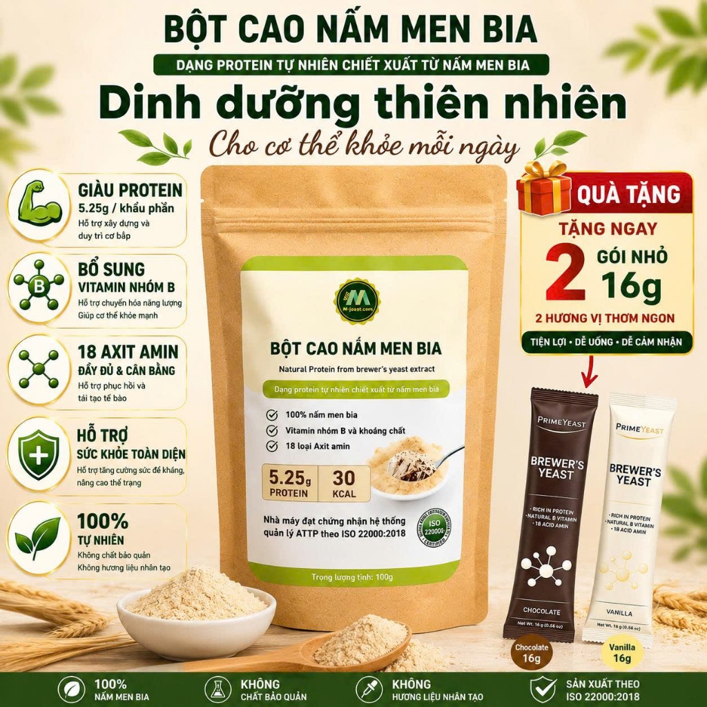 [MUA 1 TẶNG 2] Bột cao nấm men bia 100g, Vitamin nhóm B, Kẽm, Magie, Canxi tăng cường đề kháng