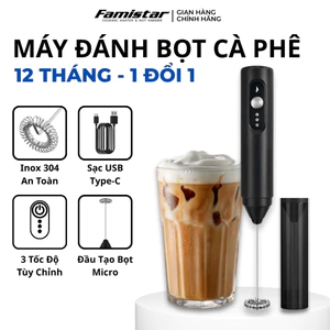 Máy Tạo Bọt Cà Phê Inox Cao Cấp 10W Pin Sạc Cầm Tay Nhỏ Gọn Famistar, Cây Đánh Bọt Cà Phê Bảo Hành 1 Năm MDB01