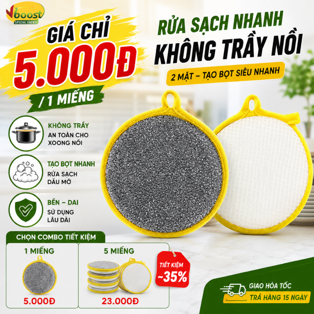 Miếng rửa chén Vboost mút rửa chén hai mặt tạo bọt tốt không gây trầy xước làm sạch bát đĩa hiệu quả