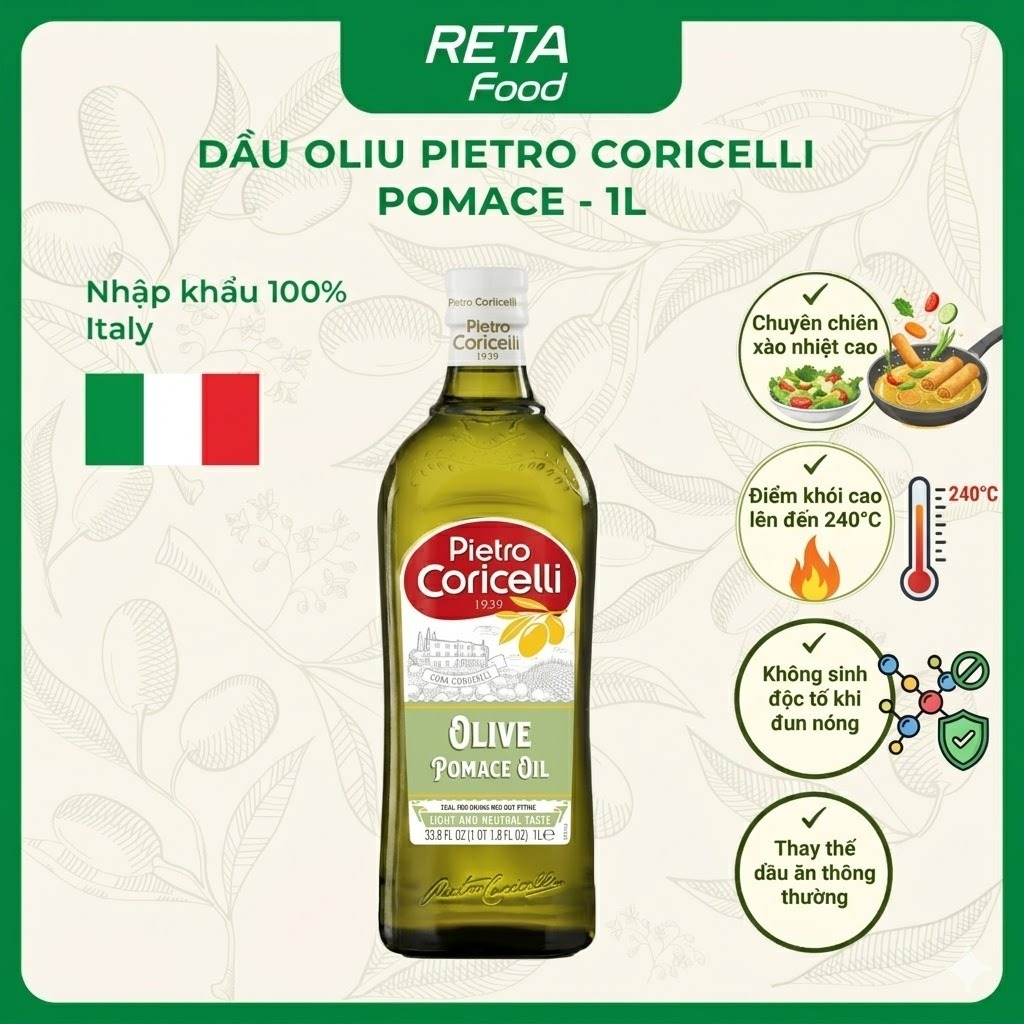 Dầu Oliu Pomace Pietro Coricelli 1L Chịu Nhiệt Cao - Chiên Xào, Áp Chảo, Nấu Ăn Hằng Ngày - Nhập Khẩu Ý