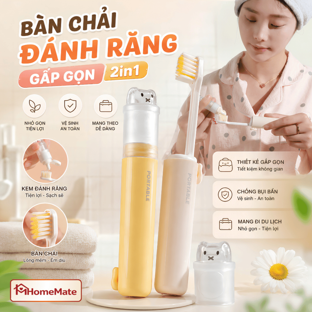 Bàn Chải Đánh Răng Gấp Gọn 2in1 – Tích Hợp Kem Đánh Răng, Lông Mềm, Nhỏ Gọn Du Lịch, Tiện Dụng Mang Theo