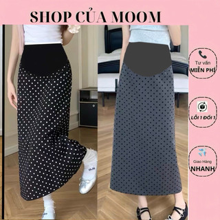 [Nhà Moom] Chân Váy Dài Chấm Bi cho Mẹ Bầu dáng xuông, xẻ chân + có đáp bụng mềm