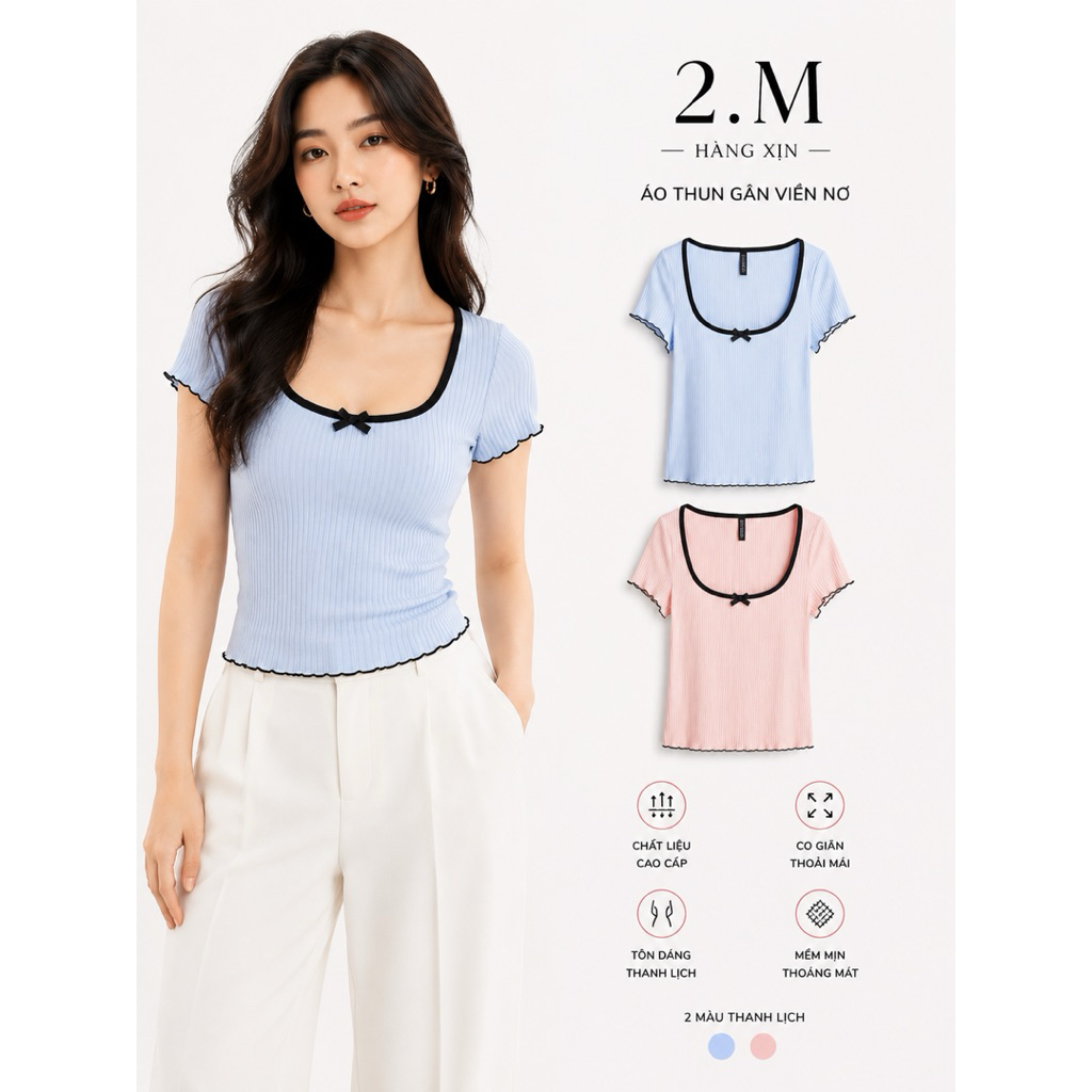 Áo Thun Gân Viền Nơ - 2.M Hàng Xịn