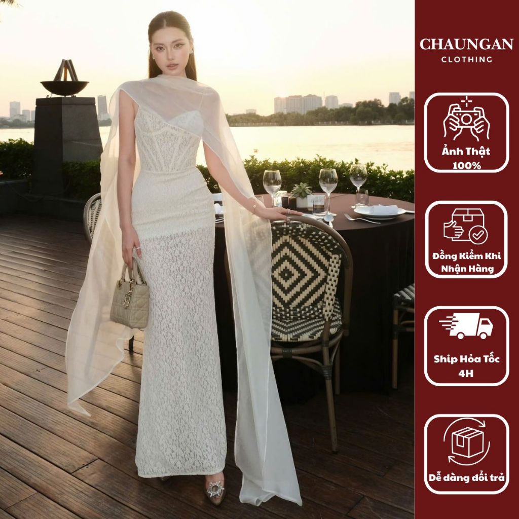 Lựa chọn 3: Váy Ren Đuôi Cá Dự Tiệc Sang Chảnh - Đầm Thiết Kế Ôm Body Tôn Dáng Kèm Choàng Cổ CHUẨN CHOUCHOU