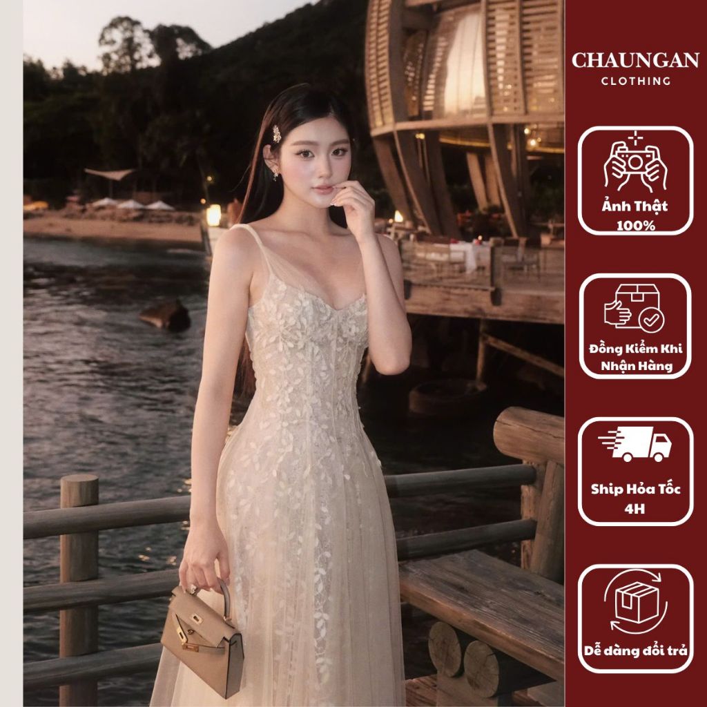 Đầm Maxi Ren Thêu Cao Cấp Phối Voan - Váy Hai Dây Sang Chảnh Đi Tiệc, Du Lịch