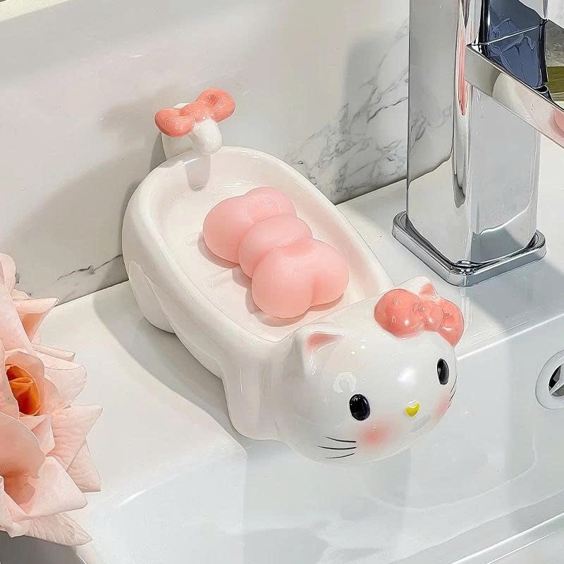 [Gốm Sứ]Khay Đựng Xà Phòng Hình Hello Kitty Cute – Thoát Nước Nhanh, Giữ Khô Sạch Cho Nhà Tắm