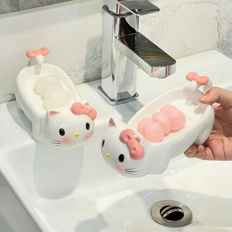 [Gốm Sứ]Khay Đựng Xà Phòng Hình Hello Kitty Cute – Thoát Nước Nhanh, Giữ Khô Sạch Cho Nhà Tắm