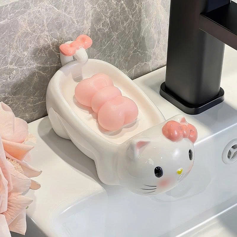 [Gốm Sứ]Khay Đựng Xà Phòng Hình Hello Kitty Cute – Thoát Nước Nhanh, Giữ Khô Sạch Cho Nhà Tắm
