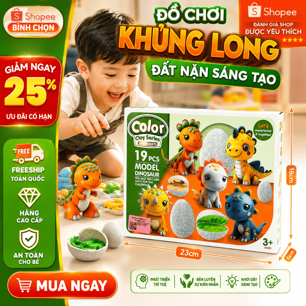 Bộ Đồ Chơi Đất Nặn Khủng Long 19 Chi Tiết An Toàn Cho Bé, Đồ Chơi Sáng Tạo Phát Triển Tư Duy