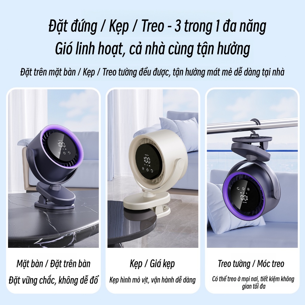 Quạt kẹp bàn - Quạt lưu thông không khí để bàn Pin 6000mAh Thời lượng pin 12 giờ - Bảo hành 12 tháng
