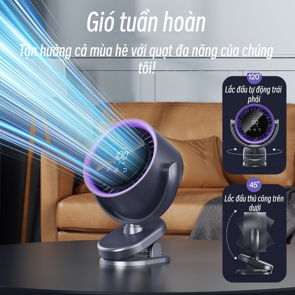 Quạt kẹp bàn - Quạt lưu thông không khí để bàn Pin 6000mAh Thời lượng pin 12 giờ - Bảo hành 12 tháng