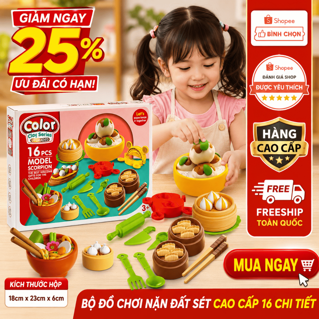 Bộ Đồ Chơi Đất Nặn Làm Dimsum 16 Chi Tiết Cho Bé, Khuôn Bánh Bao Há Cảo, Đồ Chơi Sáng Tạo