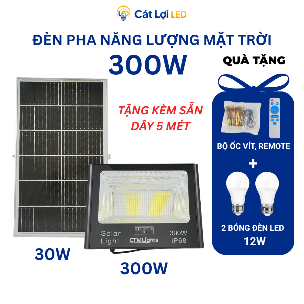 Đèn pha năng lượng mặt trời CTMLights 300W, chống nước IP68 siêu tốt, đúc nhôm không gỉ