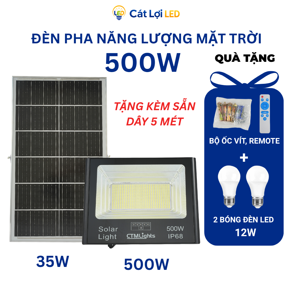 Đèn Pha Năng Lượng Mặt Trời 500W, Pin 25.000mAh, Chống Nước IP68, Phủ Sáng 150m2 - CTMLights
