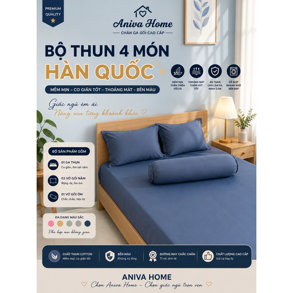 Bộ ga thun lạnh Hàn Quốc 4 món Aniva Home, thiết kế gối ôm khoá kéo, mềm mại, thoáng mát, sang trọng