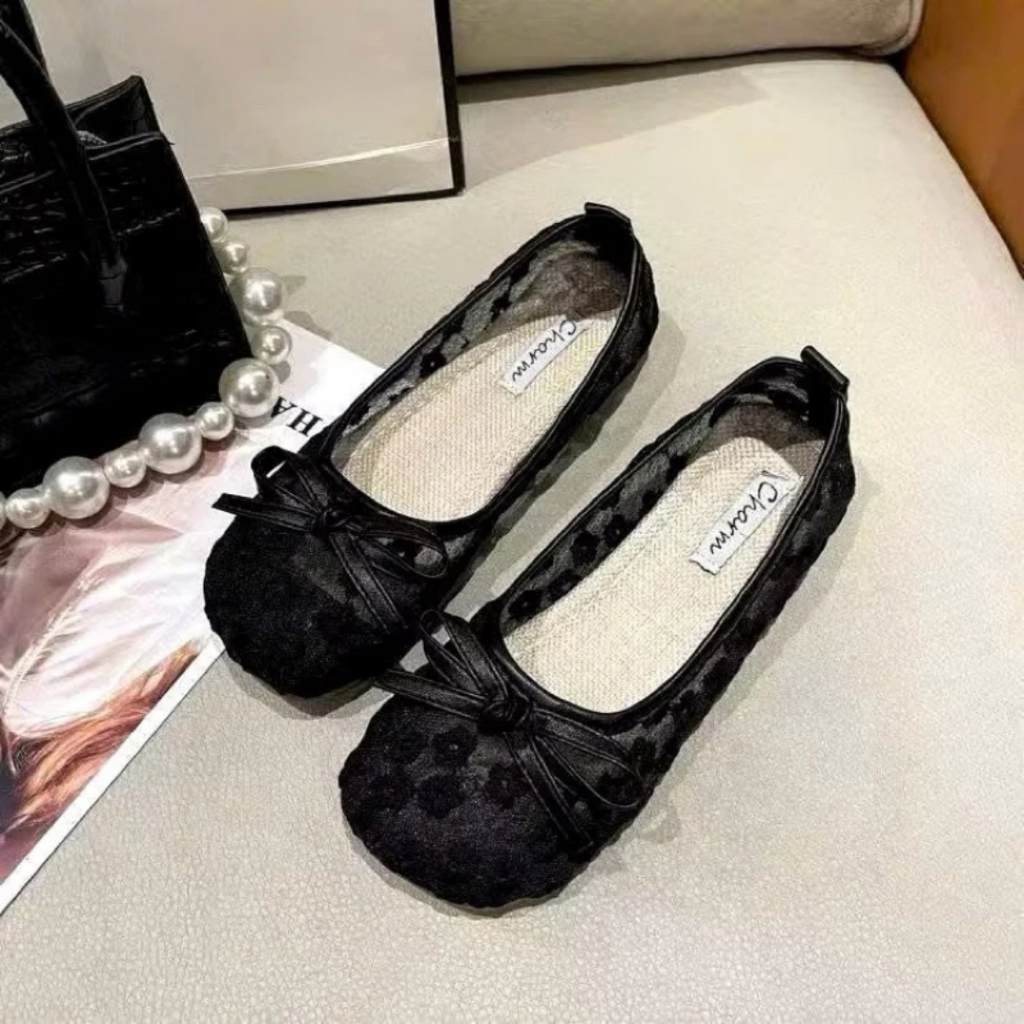 Giày Mary Jane Lưới Hoa, Giày Bệt Nữ Đính Nơ Mũi Tròn Thoáng Khí (CÓ HỖ TRỢ ĐỔI SIZE) || Mã N37