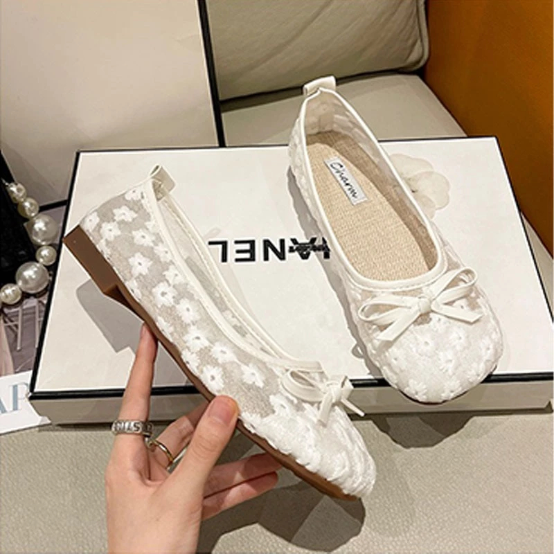 Giày Mary Jane Lưới Hoa, Giày Bệt Nữ Đính Nơ Mũi Tròn Thoáng Khí (CÓ HỖ TRỢ ĐỔI SIZE) || Mã N37